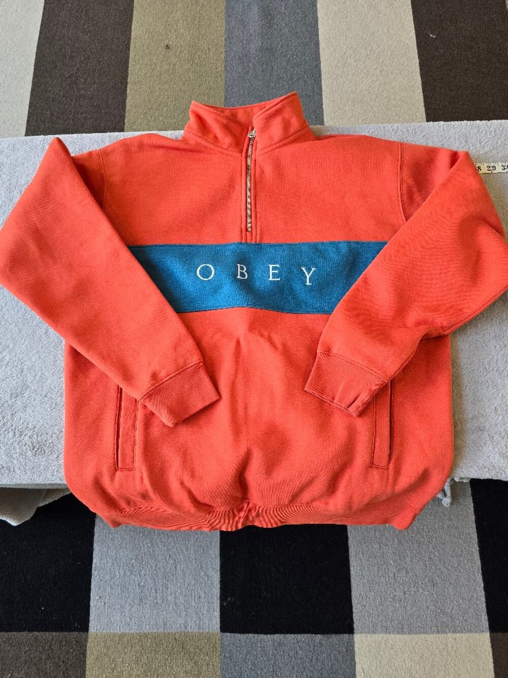 Obey Cadmium Red, Blue Colorblock 1/4 Zip mock neck Size Large